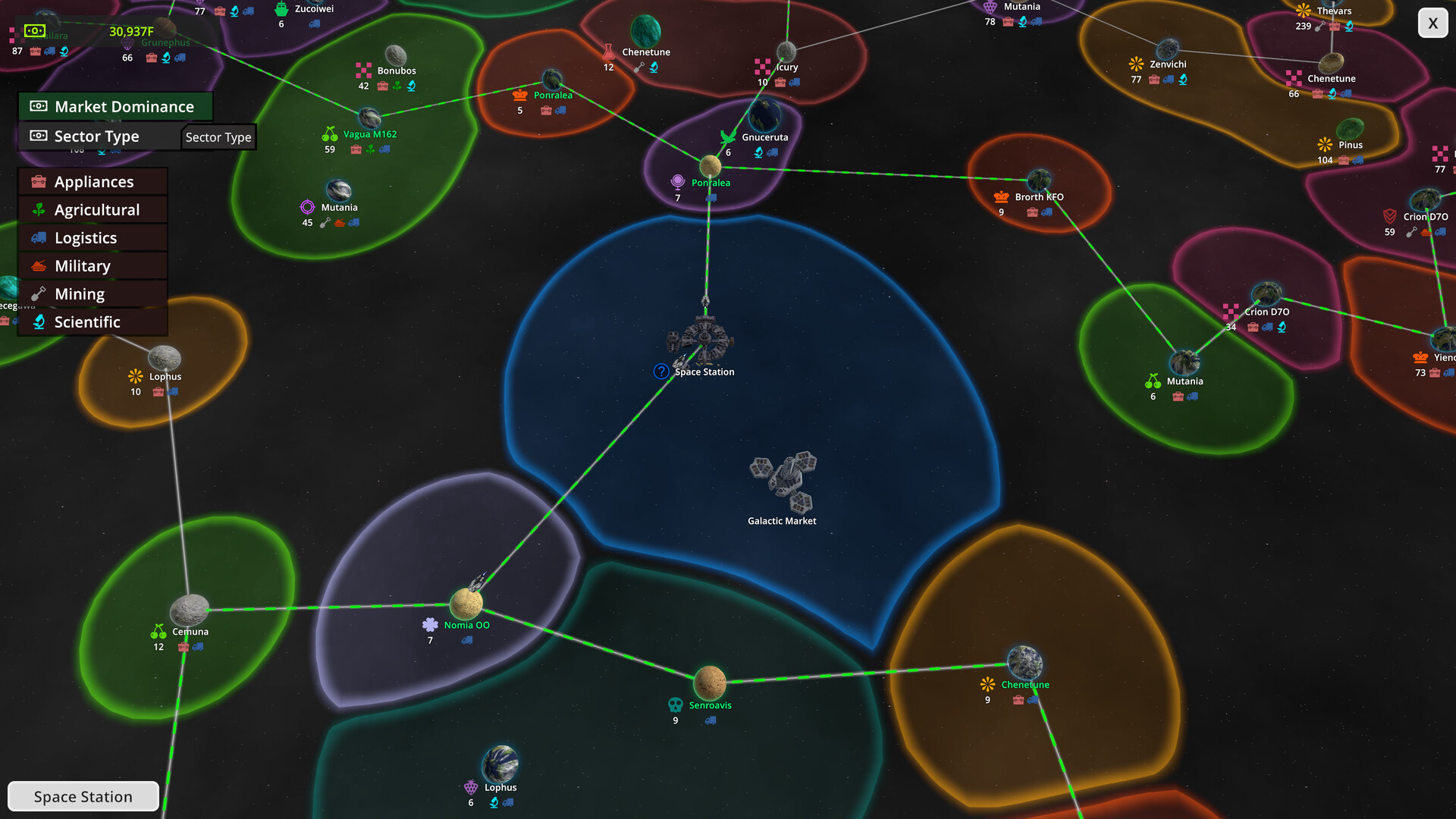 The space map — star systems, trade routes and sector dominance.