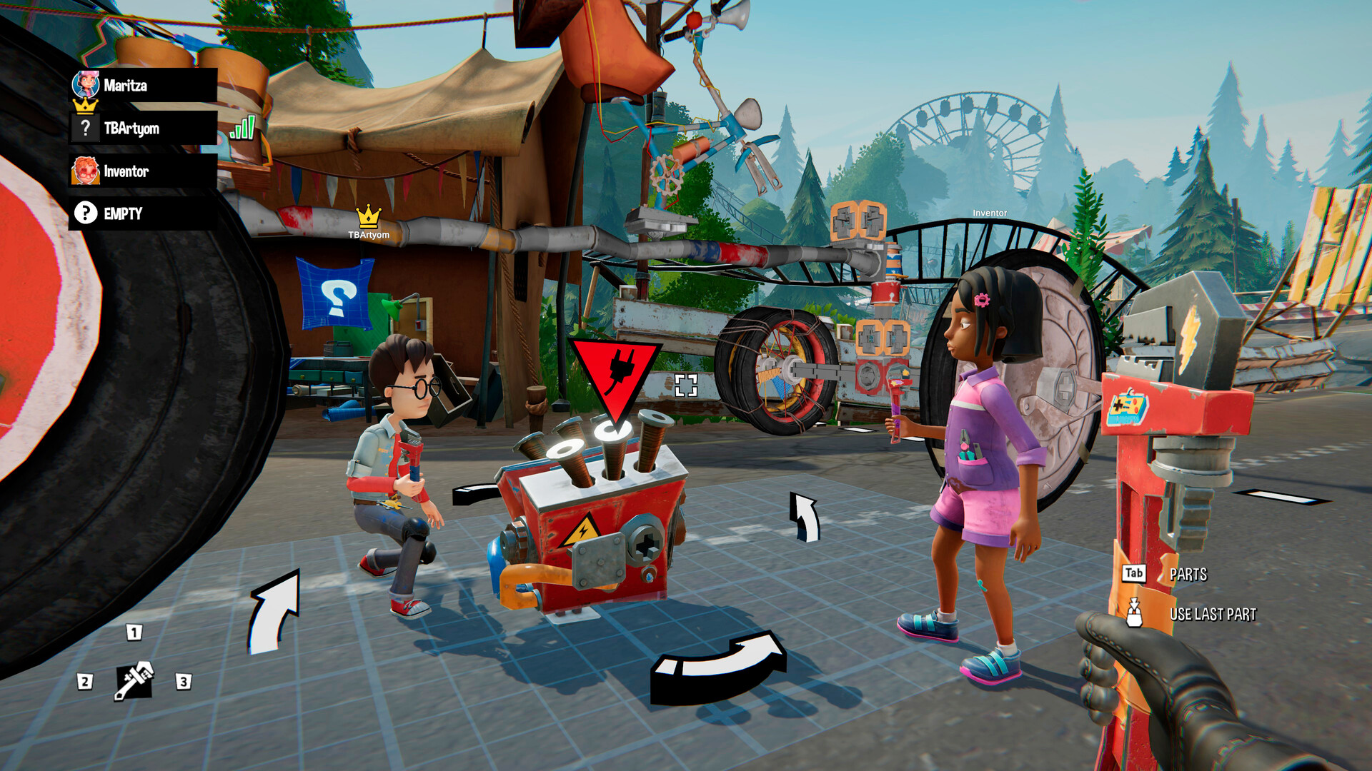 Co-op building with scrap parts in the sandbox.